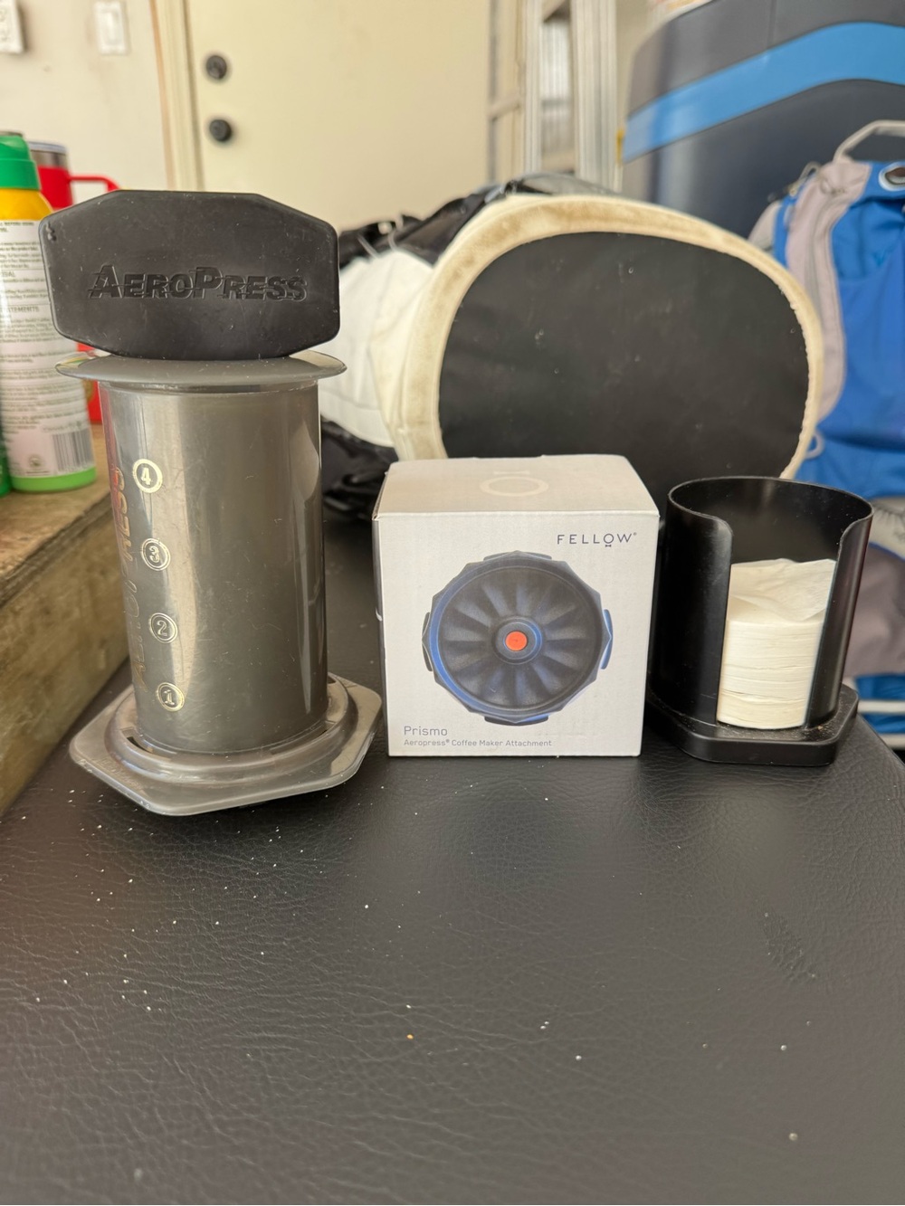 Aeropress Coffee Maker with Black Filter Holder and Fellow Blue Accent Prismo
